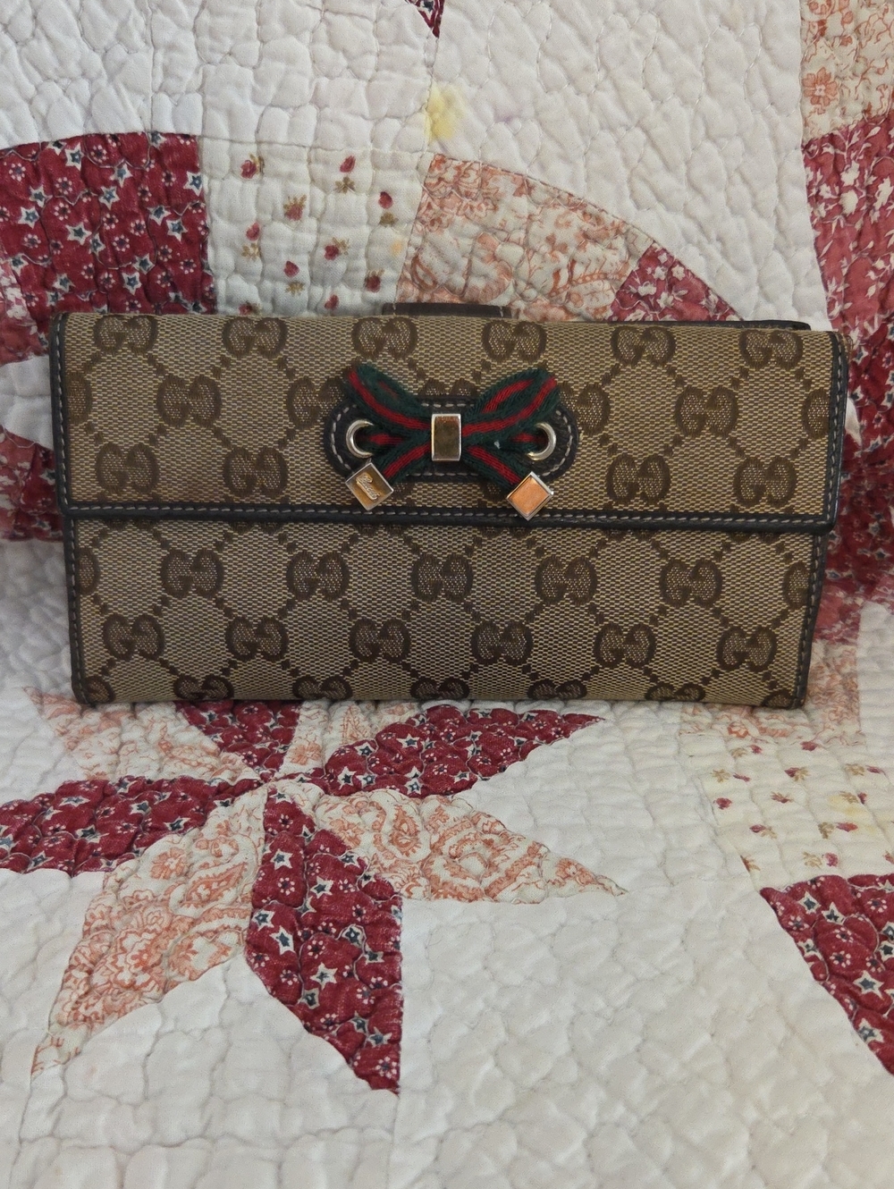Gucci Brown GG Supreme Canvas Continental Wallet with Green-Red Bow